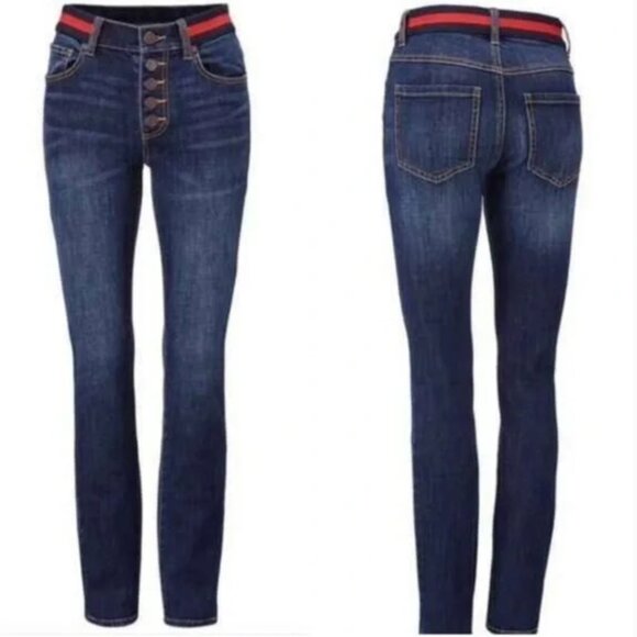 CAbi - Button Fly Skinny Jeans - Dark Wash Red Blue Belt - Size 10 - Picture 1 of 6